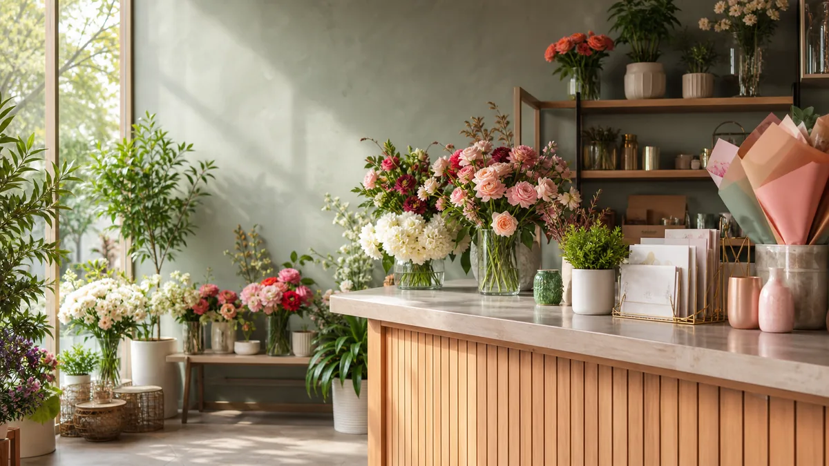 Главная заставка Flower Market: цветочная витрина с букетами, растениями и подарками